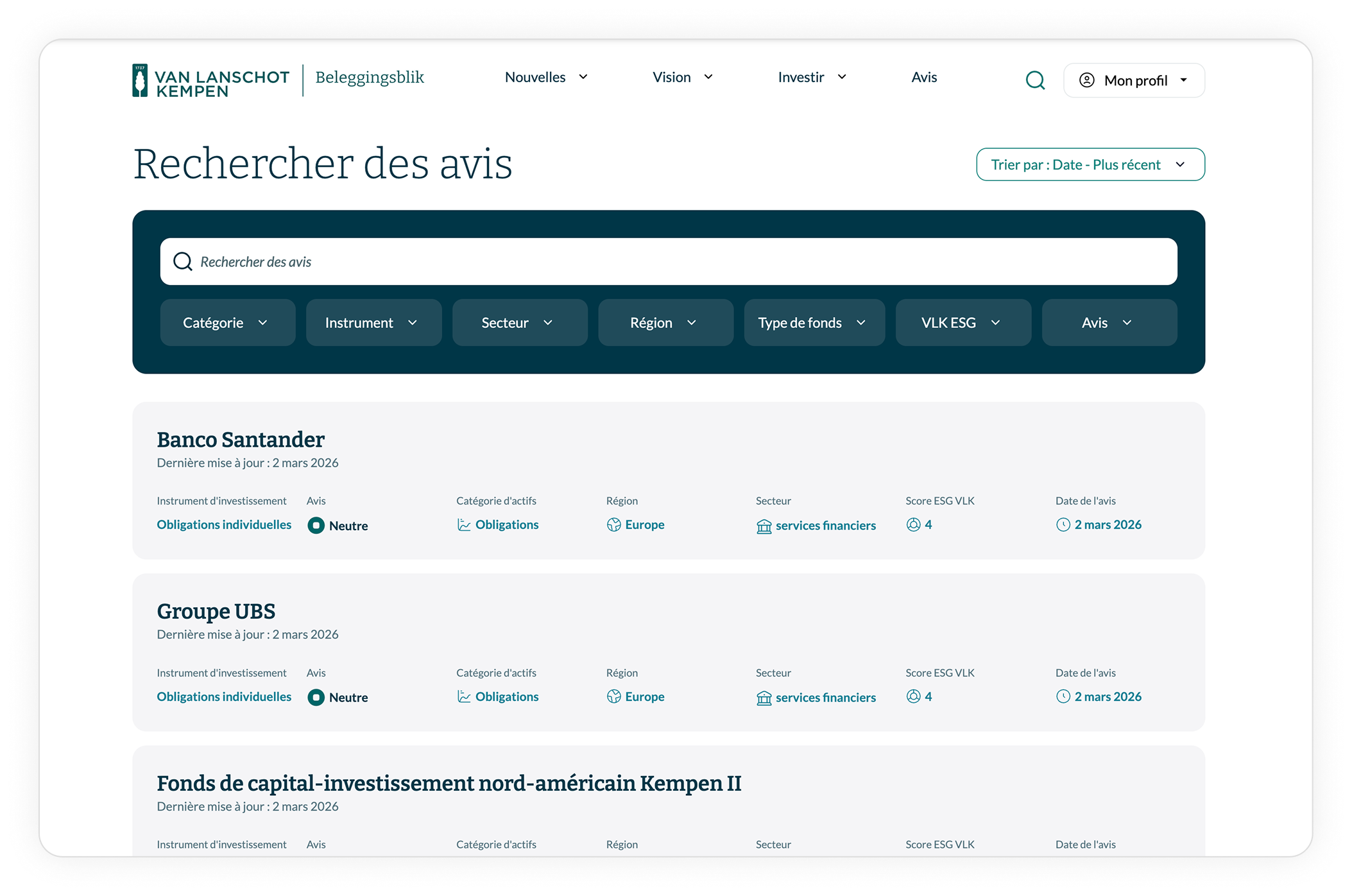 Interface du screener de fonds